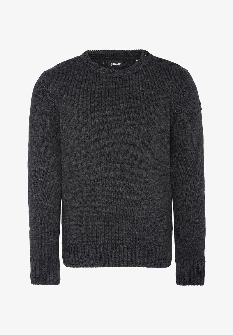 Pull en tricot gris foncé avec un col rond, des poignets et un ourlet côtelés, et des accents de boutons aux épaules. Fabriqué en tissu épais et texturé.