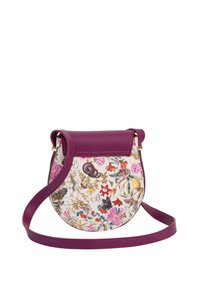 Borsa a tracolla rotonda con parte anteriore in tessuto floreale e parte superiore e tracolla in pelle viola unita. Presenta dettagli in metallo dorato.