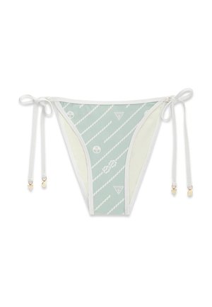 Bas de bikini vert clair avec corde blanche et motifs de logo, bordure blanche et liens latéraux réglables avec accents de charms dorés.