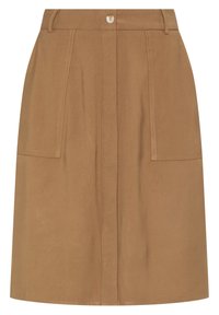Brun bomulds nederdel med lige snit, der har to påsyede lommer og en frontknap lukning. Minimal syning detalje.