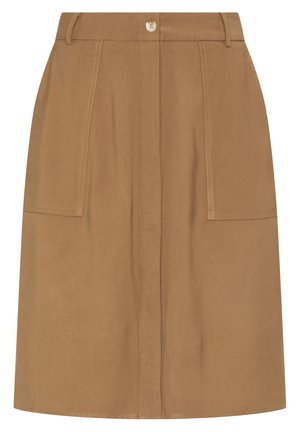 Ruskea puuvillahame, jossa on suora leikkaus, kahdella päällystaskulla ja edessä nappi sulku. Minimalistinen neulontayksityiskohta.