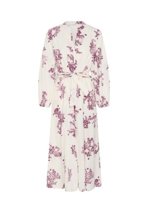 Vestido blanco de manga larga hasta el tobillo con estampados florales morados, escote en V y cinturón atado en la cintura.