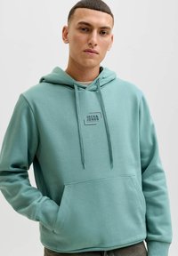 Hellgrüner Hoodie mit Kängurutasche, verstellbarem Kordelzug und einem kleinen Logoaufnäher auf der Brust. Hergestellt aus weichem, strukturiertem Stoff.