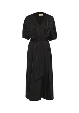 Black wrap dress with short puff sleeves, cinched waist, and a matching belt. Made of smooth fabric with a flowing, ankle-length design.