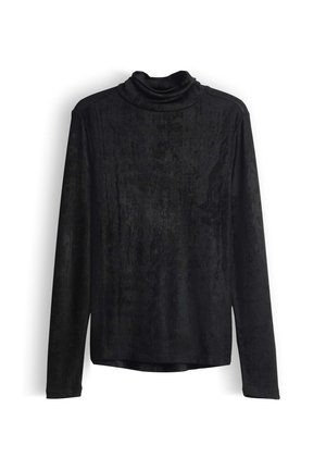 Zwarte lange mouwen turtleneck top gemaakt van zachte, gestructureerde stof. Heeft een gedrapeerde halslijn en een losse pasvorm. Geen zichtbare patronen of accenten.
