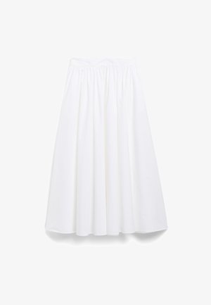 White midi skirt with a gathered elastic waistband. Made of lightweight fabric, featuring a flowing design and smooth texture.
