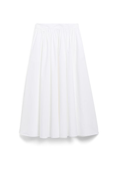 Weiße Midi-Rock mit einem gerafften elastischen Bund. Hergestellt aus leichtem Stoff, mit einem fließenden Design und glatter Textur.