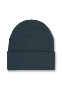 Strikket beanie i mørk teal med en foldet manchet. Fremstillet af blødt stof, har den en glat tekstur uden synlige mønstre eller detaljer.
