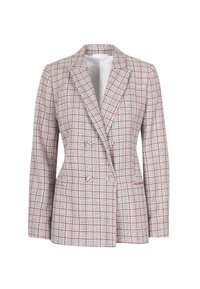 Dobbeltbrystet kvinde blazer med rød og sort ternet mønster, reverskrave og lange ærmer på hvid baggrund.