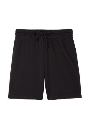 Černé kraťasy s elastickým pasem na stažení šňůrkou, délka po kolena, hladká tkanina bez viditelných log nebo vzorů.