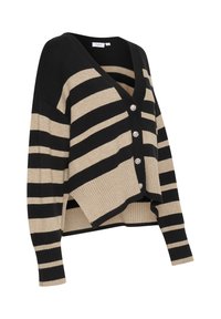 Cardigan rayé noir et beige avec un col en V, des poignets côtelés et des accents de boutons décoratifs. Fabriqué en matériau tricoté doux et texturé.