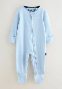 Gaiši zils bērnu body, kas izgatavots no mīkstas auduma, ar garām piedurknēm, priekšnokātni un kāju daļu. Uz krūškurvja ir balta "BAKER" logo.