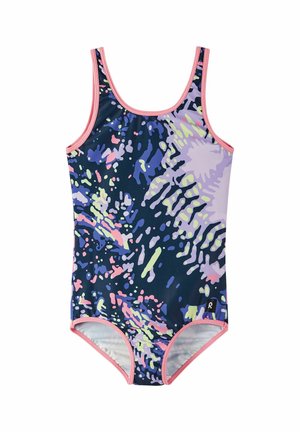 Maillot de bain une pièce bleu marine avec des éclaboussures abstraites colorées. Doté d'un bord rose, d'un tissu lisse et d'un design sportif. Idéal pour les activités aquatiques.