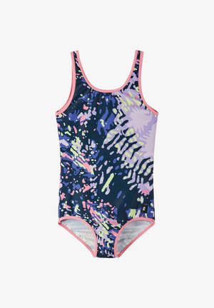 Maillot de bain une pièce bleu marine avec des éclaboussures abstraites colorées. Doté d'un bord rose, d'un tissu lisse et d'un design sportif. Idéal pour les activités aquatiques.