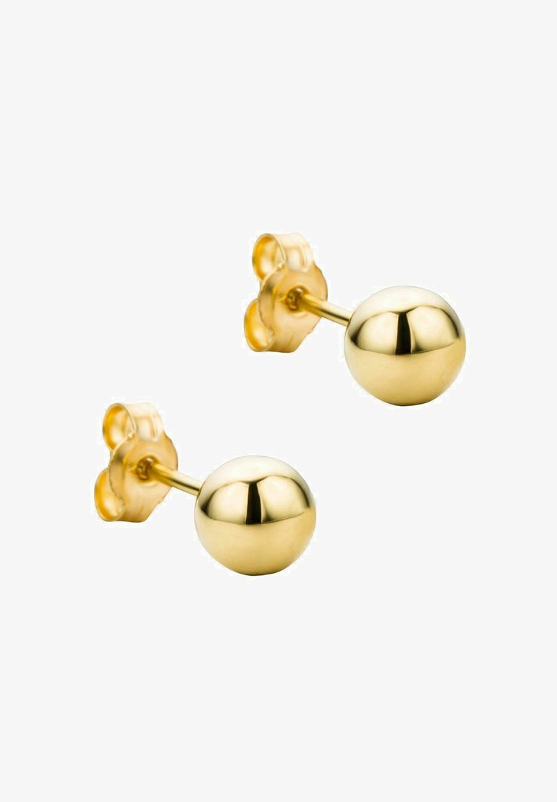 Pendientes de botón de oro con un diseño esférico liso, acabado pulido y cierre de mariposa.