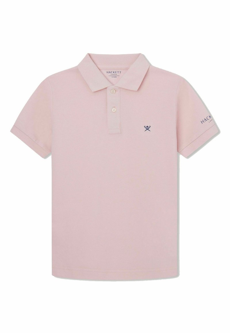 Lyserød polo med korte ærmer, krave, to knapper, lille krydset årer-logo på brystet og teksten "Hackett London" på venstre ærme.
