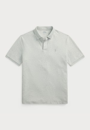 Polo pour homme en gris clair avec des rayures horizontales étroites. Doté d'un col classique et d'un petit logo brodé sur la poitrine.