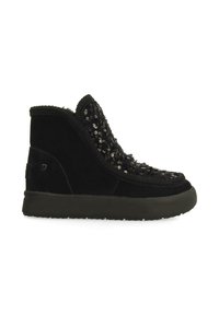 Botines negros de ante con la parte delantera adornada con lentejuelas. Cuentan con un ribete texturizado y una suela de goma ligera.