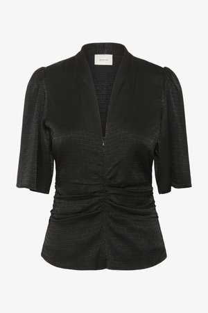 Schwarze Bluse mit kurzen Puffärmeln, V-Ausschnitt und Raffung vorne. Hergestellt aus strukturiertem Stoff mit einem subtilen geometrischen Muster.