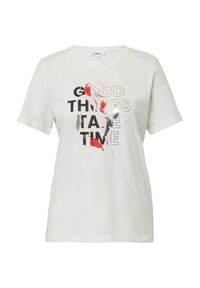 Witte katoenen t-shirt met korte mouwen, met een grafische print die de zin "GOEDE DINGEN KOSTEN TIJD" in verschillende kleuren bevat.