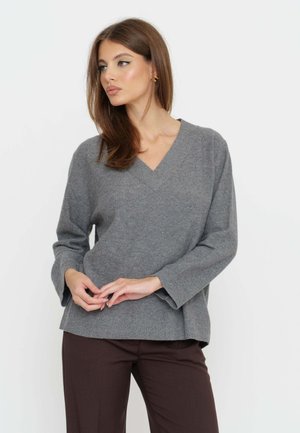 Maglione grigio lavorato a maglia con scollo a V, maniche lunghe e vestibilità comoda, abbinato a pantaloni marrone scuro. Tessuto morbido con leggero motivo screziato.