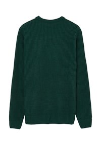 Dunkelgrüner gestrickter Pullover mit langen Ärmeln, gerippten Bündchen und runder Ausschnitt, von hinten auf einem weißen Hintergrund gezeigt.