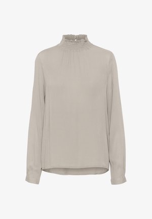 Blouse gris clair à manches longues avec un col haut froncé et des détails plissés. Fabriquée dans un matériau doux et fluide avec une coupe décontractée.