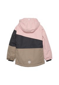 Giacca imbottita con design a blocchi di colore in rosa, nero e beige. Include un cappuccio e polsini elastici, con un logo sul retro inferiore.