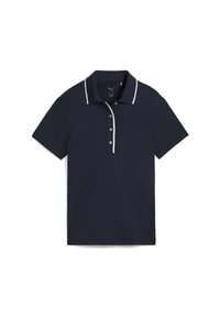 Dunkelblauses Poloshirt mit kurzen Ärmeln und geripptem Kragen, der mit weißen Abnähern versehen ist, sowie einer Knopfleiste mit drei Knöpfen.