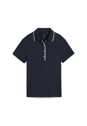 Mörkblå kortärmad polo med ribbad krage som har vit kantning och treknapparsförslutning.