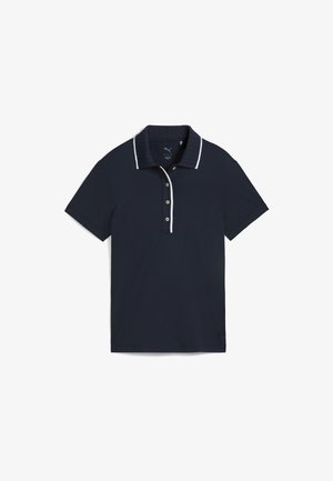 Marineblauwe polo met korte mouwen en geribde kraag, voorzien van witte bies en een drievoudige knoopsluiting.