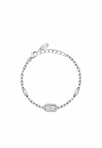 Bracciale in metallo argento con una charm ovale decorata con lettere incise e accenti di strass. Inclusi chiusura e maglie regolabili.