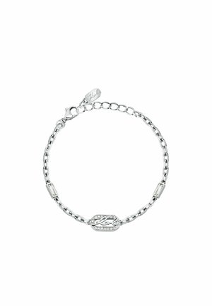 Bracciale in metallo argento con una charm ovale decorata con lettere incise e accenti di strass. Inclusi chiusura e maglie regolabili.