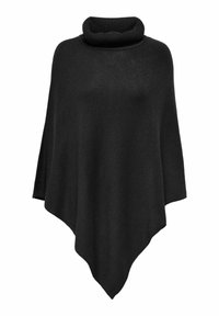 Poncho noir avec un col haut en maille côtelée. Présente un motif en tricot texturé et une forme triangulaire qui tombe avec élégance.