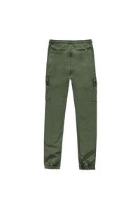 Cargo kalhoty olivově zelené barvy, vyrobené z hladké látky. Mají elastický pás, dvě boční kapsy s klopami a zúžené manžety.
