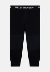 Leggings neri da performance in un tessuto elastico, con una vita etichettata "HELly HANSEN" in bianco, polsini alla caviglia a punta e cuciture piatte.