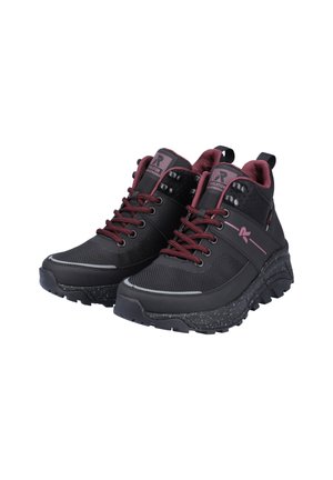 Black hiking boots with a textured upper, burgundy laces, and reflective strips; features a speckled sole and reinforced ankle support.