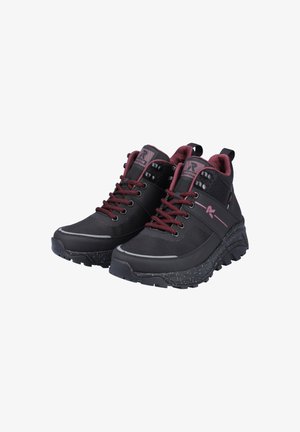 Black hiking boots with a textured upper, burgundy laces, and reflective strips; features a speckled sole and reinforced ankle support.