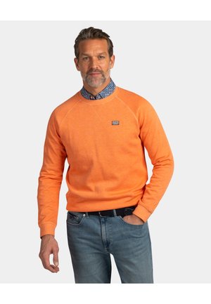 Man met grijze baard, gekleed in een oranje sweatshirt over een blauw shirt met patroon en blauwe spijkerbroek, staand met één hand in de zak.