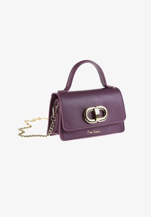 Paarse lederen handtas met een gestructureerd oppervlak, een bovenhengsel, gouden accenten en een afneembare kettingriem. Heeft een opvallende sluiting.