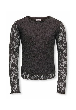 Blouse noire à manches longues en dentelle florale, col rond et bords festonnés, manches semi-transparentes et doublure opaque au niveau du torse.