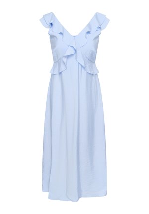 Vestido midi azul claro con escote en V con volantes y mangas de capa, confeccionado con tela texturizada.