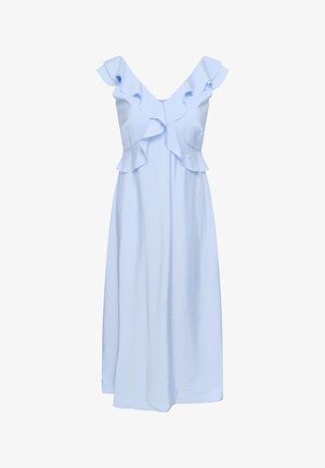 Lyseblå midi-kjole med flæset V-udskæring og kapærmer, lavet af tekstureret stof.