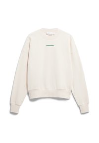 Hellgraues Sweatshirt mit Rundhalsausschnitt, überschnittenen Schultern, gerippten Bündchen und Saum. Auf der Brust befindet sich der grüne Aufdruck "ARMEDANGELS".