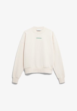 Lichtbeige sweatshirt met een ronde hals, verlaagde schouders, ribgebreide mouwen en onderrand. Heeft groene tekst "ARMEDANGELS" op de borst.