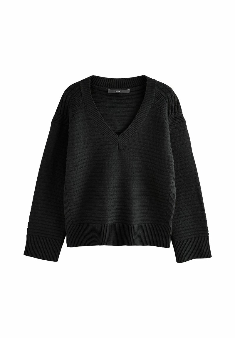Maglione nero con scollo a V, texture a coste e maniche ampie. Presenta strisce orizzontali e un orlo a coste aderente.