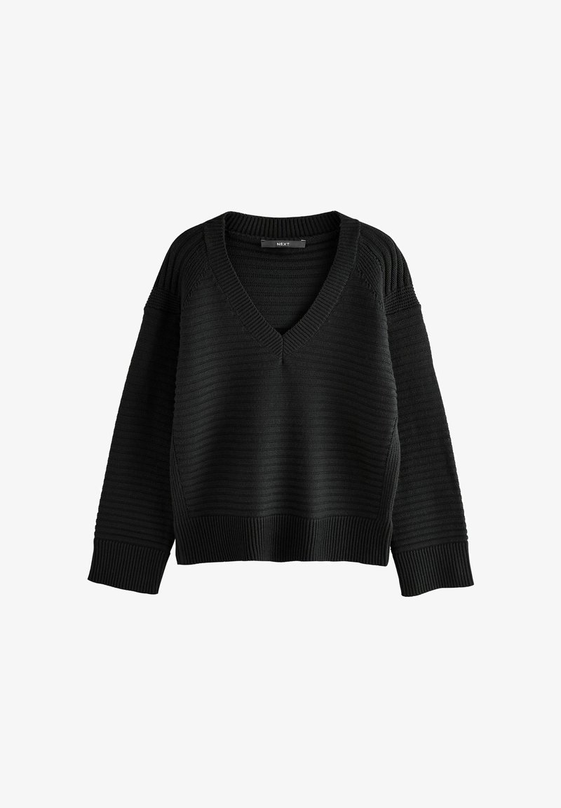 Sort sweater med V-hals, ribbet struktur og vide ærmer. Har vandrette striber og en tætsiddende ribbet kant.