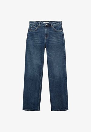 Temno modri kavbojke z ravnim krojem, stil petih žepov in gumbom za zapiranje na pasu. Diskretno zbledeli na tkanini.