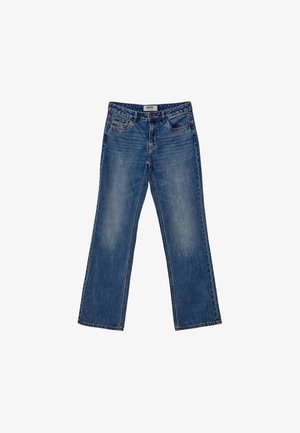 Faded blue denim jeans with a straight leg design, five pockets, and subtle whiskering on the front. Top button and zip closure.