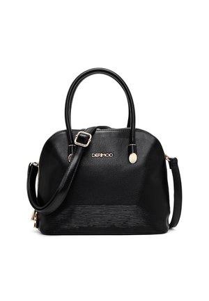 Sac à main en cuir noir avec fond texturé, double poignée, bandoulière réglable et logo "DERIMOD" doré sur le devant.